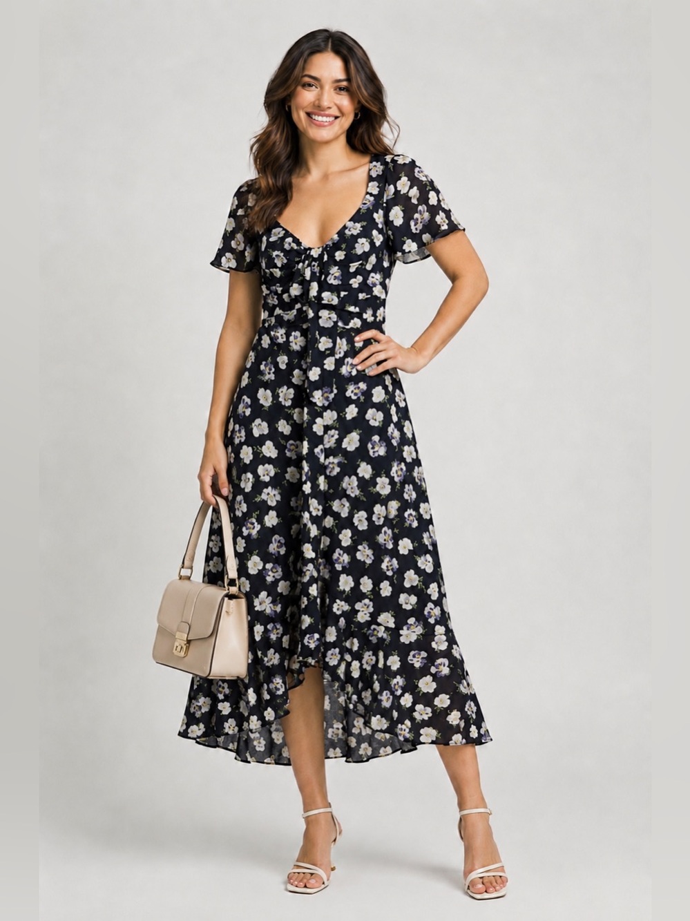 Cinq A Sept Isha Mini Poppies Tie Front Floral Midi/Maxi Black Dress Size 8